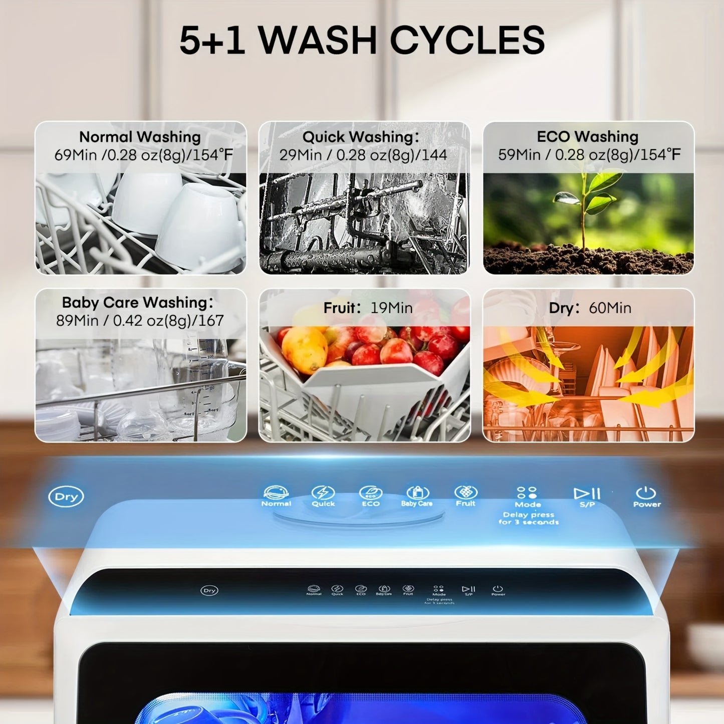 Countertop Dishwasher with 5+1 Programs, Baby Care, Dual Spray, High-Temp, Air-Dry, Timeing Function, No Hookup Needed, Portable Dishwasher