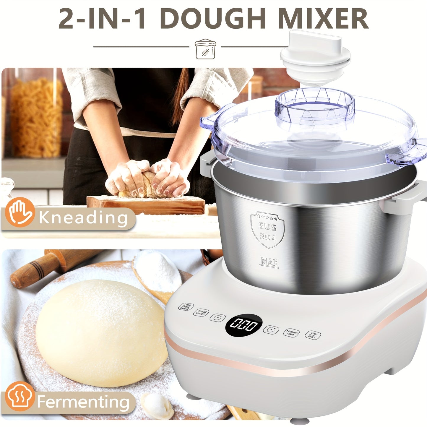 7L(7.3QT)Electric Dough Mixer with Ferment Function, Bread Maker Machine, Dough Maker Machine with 304 Stainless Steel Bowl