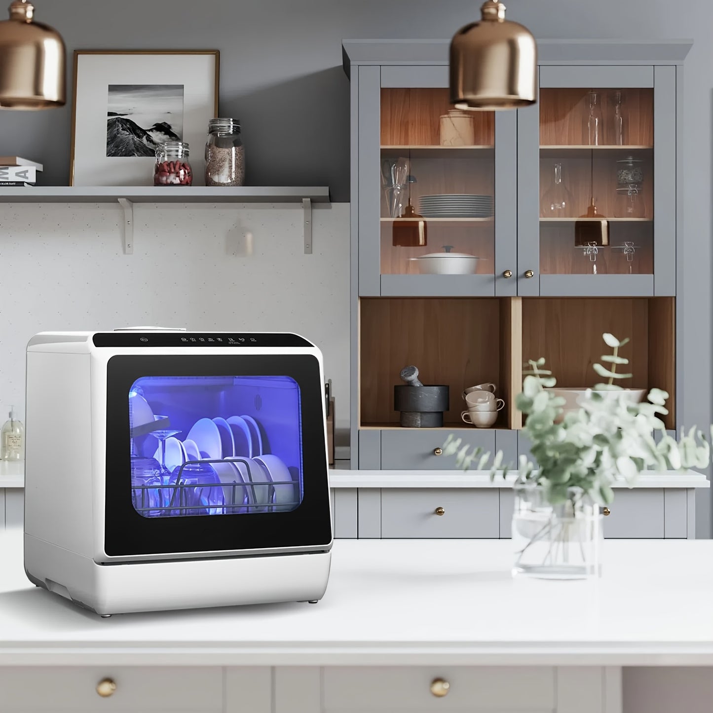 Countertop Dishwasher with 5+1 Programs, Baby Care, Dual Spray, High-Temp, Air-Dry, Timeing Function, No Hookup Needed, Portable Dishwasher