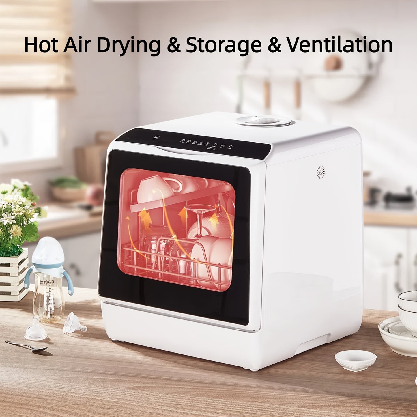 Countertop Dishwasher with 5+1 Programs, Baby Care, Dual Spray, High-Temp, Air-Dry, Timeing Function, No Hookup Needed, Portable Dishwasher