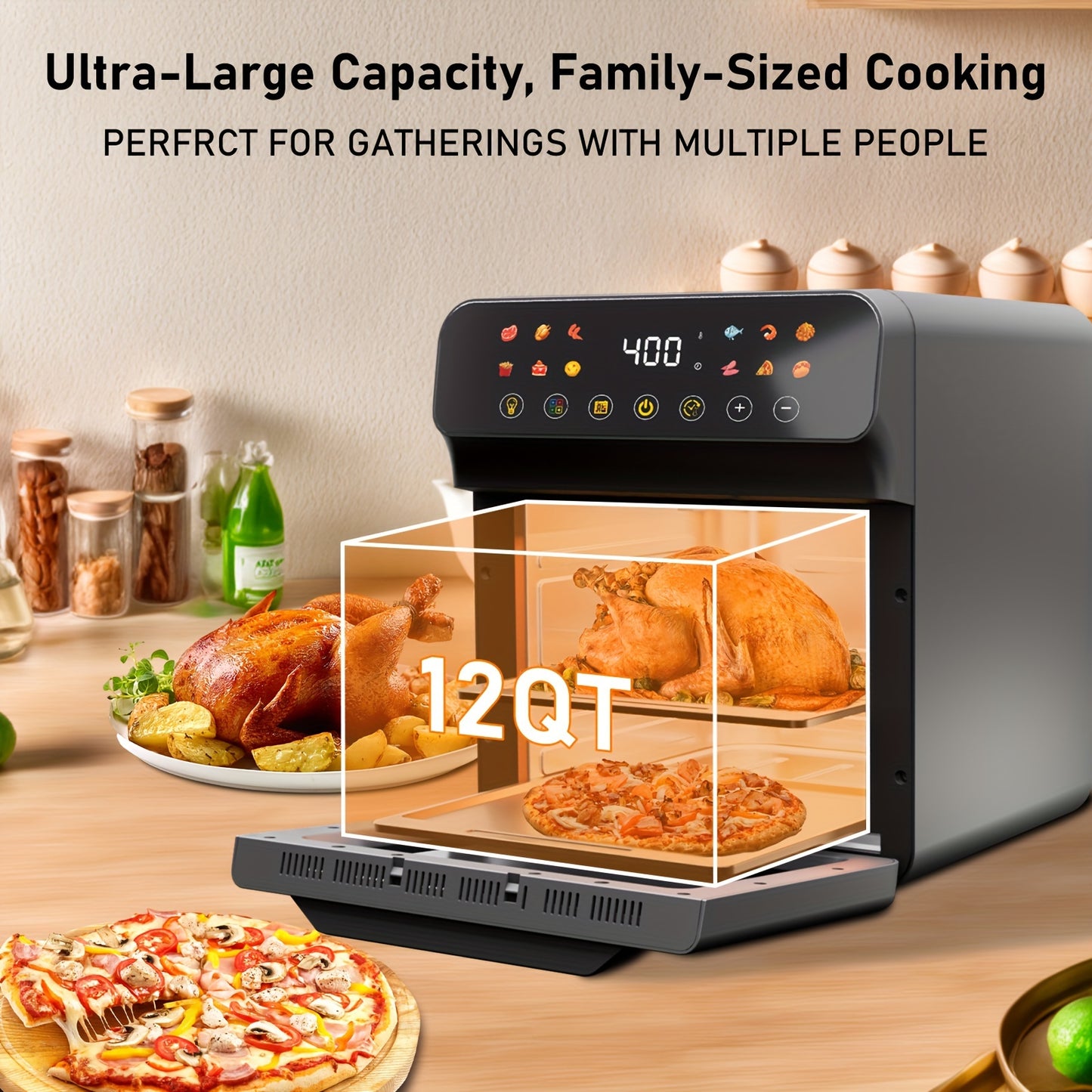 12QT Air Fryer Convection Oven with 12-in-1 Multi Function, Visible Window, Touchscreen, Healthy Choice, Oil-Free, Non-Stick Basket, Easy to Clean