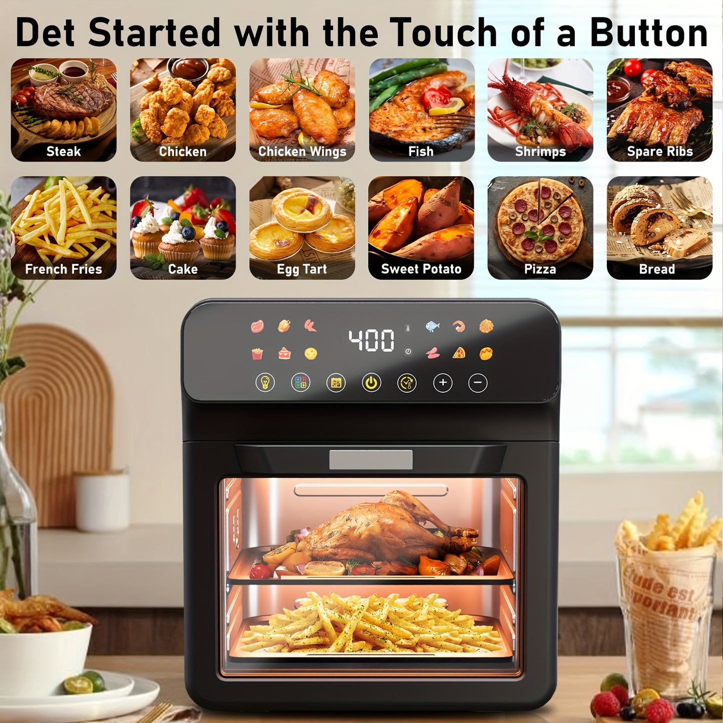 12QT Air Fryer Convection Oven with 12-in-1 Multi Function, Visible Window, Touchscreen, Healthy Choice, Oil-Free, Non-Stick Basket, Easy to Clean