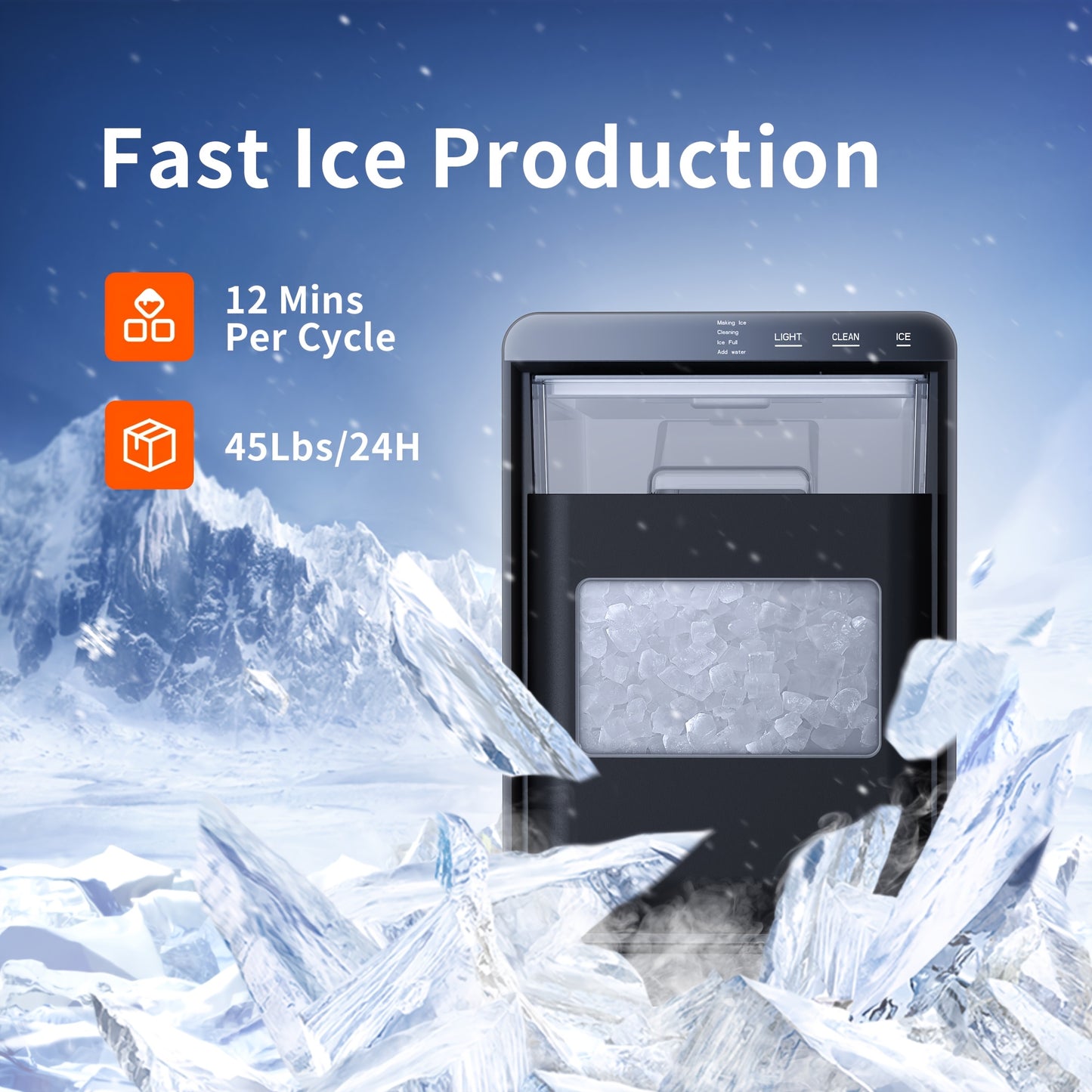 Nugget Ice Maker Countertop, 44Lbs/24H Pebble Ice Maker Machine, Self-Cleaning Pellet Ice Machine with Ice Scoop&Basket